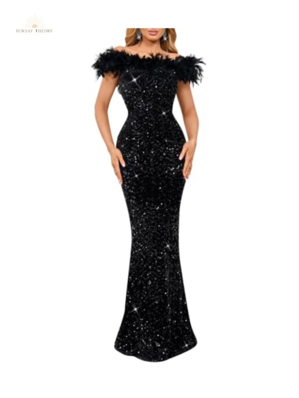 Sequin Off Shoulder Mermaid Bodycon Feather Formal Maxi Evening Gown